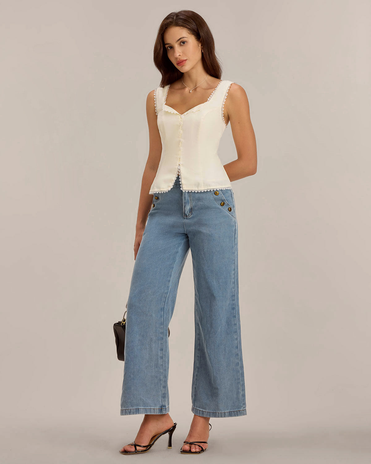 Beige Vest V Neck Lace Tie-Back Vest