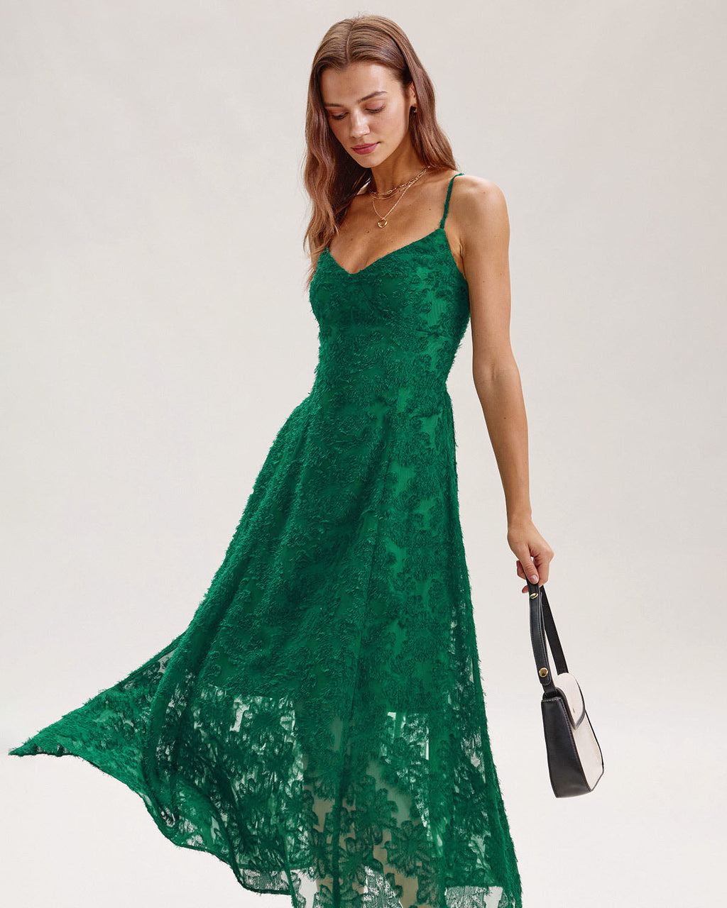 Green Floral Shirred Slip Midi Dress