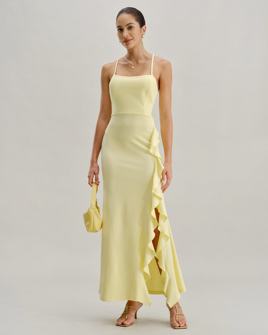 Yellow Ruffle Backless Slit Slip Maxi Dress
