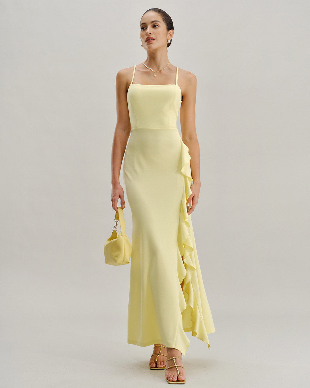 Yellow Ruffle Backless Slit Slip Maxi Dress
