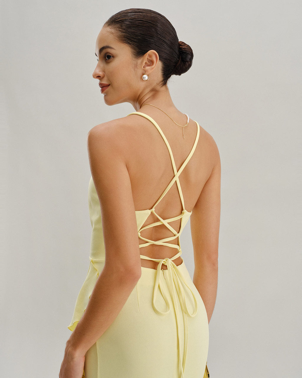 Yellow Ruffle Backless Slit Slip Maxi Dress