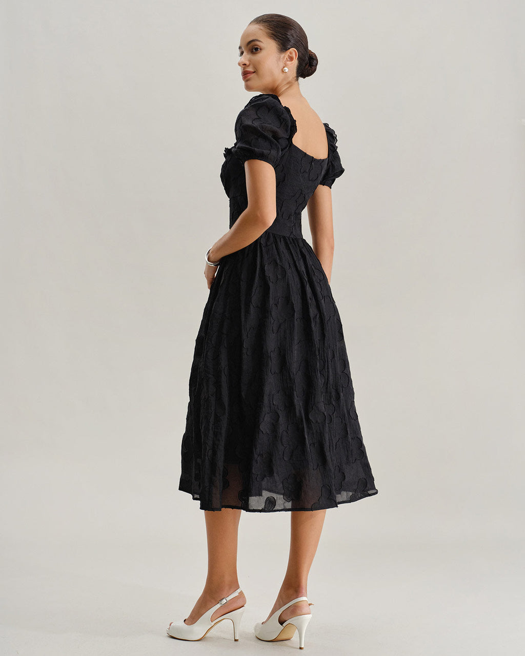 Black Square Neck Puffed Sleeve Midi Dress