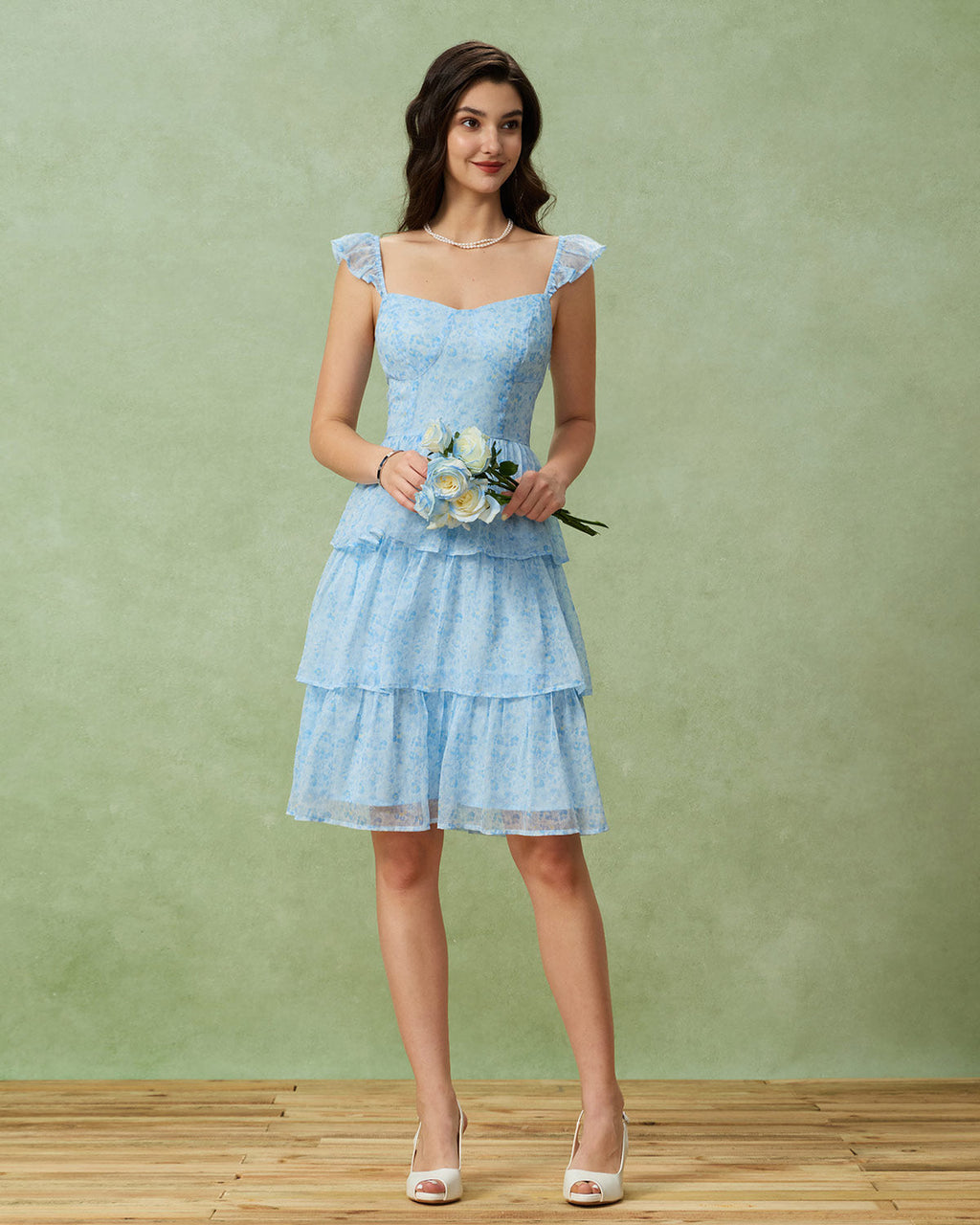 Blue Sweetheart Neck Tiered Midi Dress