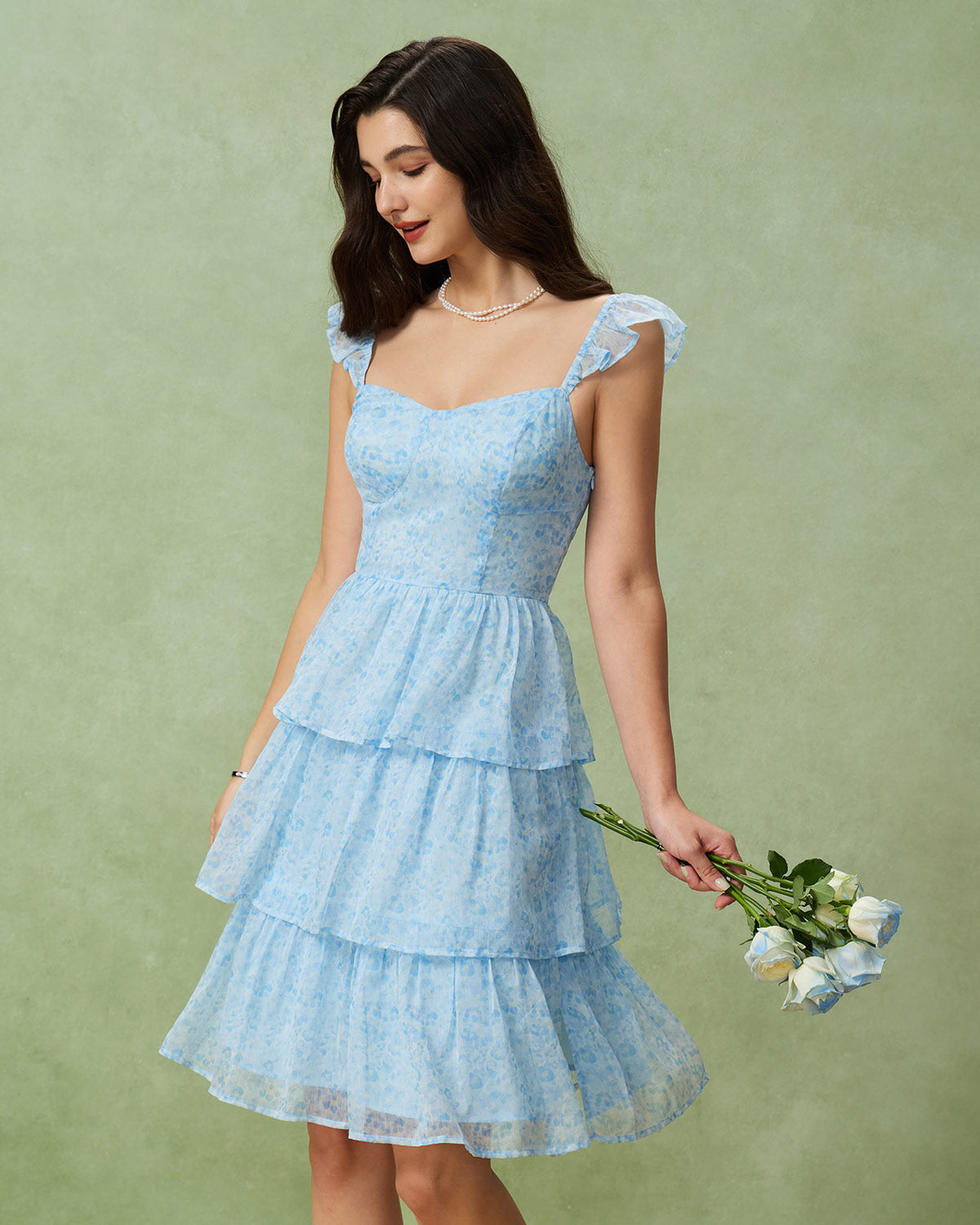 Blue Sweetheart Neck Tiered Midi Dress