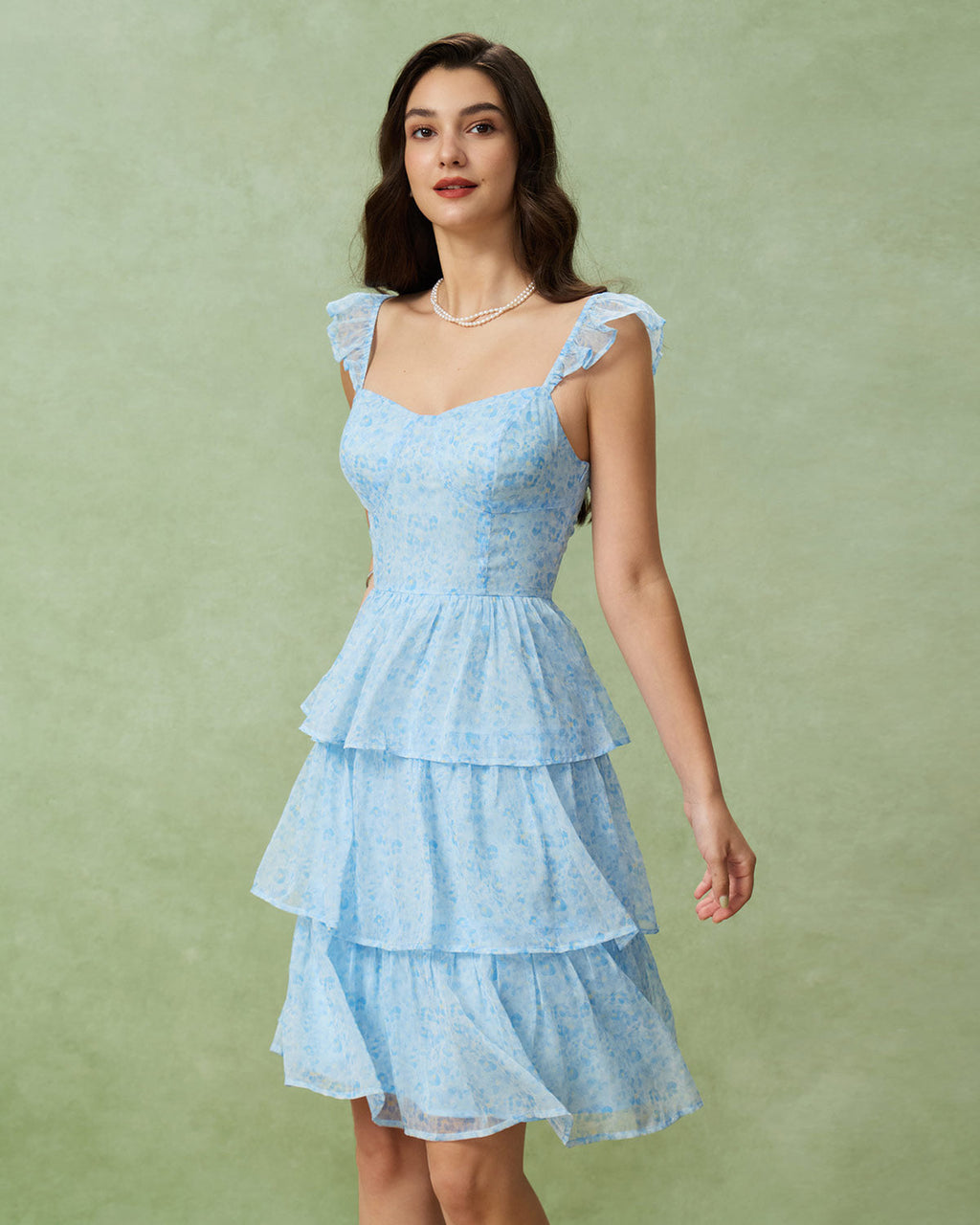Blue Sweetheart Neck Tiered Midi Dress