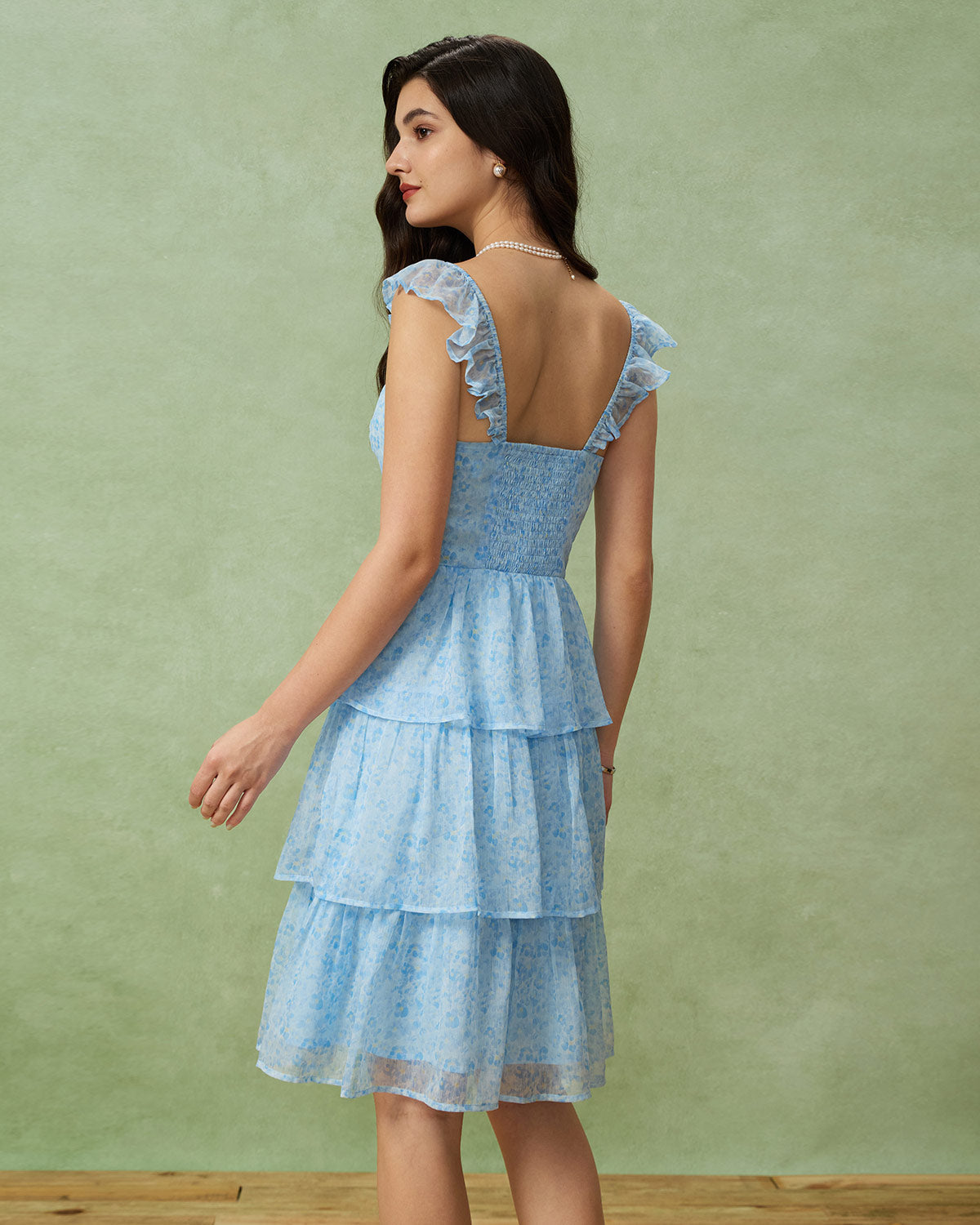 Blue Sweetheart Neck Tiered Midi Dress