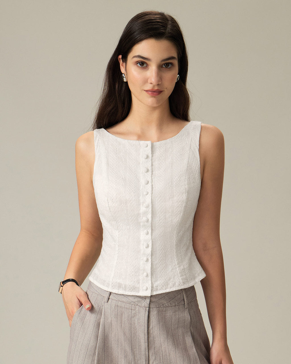 White Textured Boat Neck Button Vest