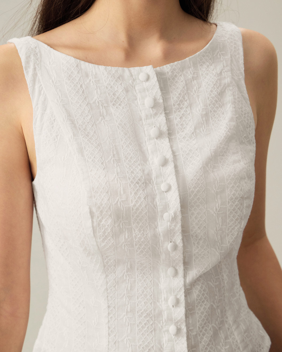 White Textured Boat Neck Button Vest