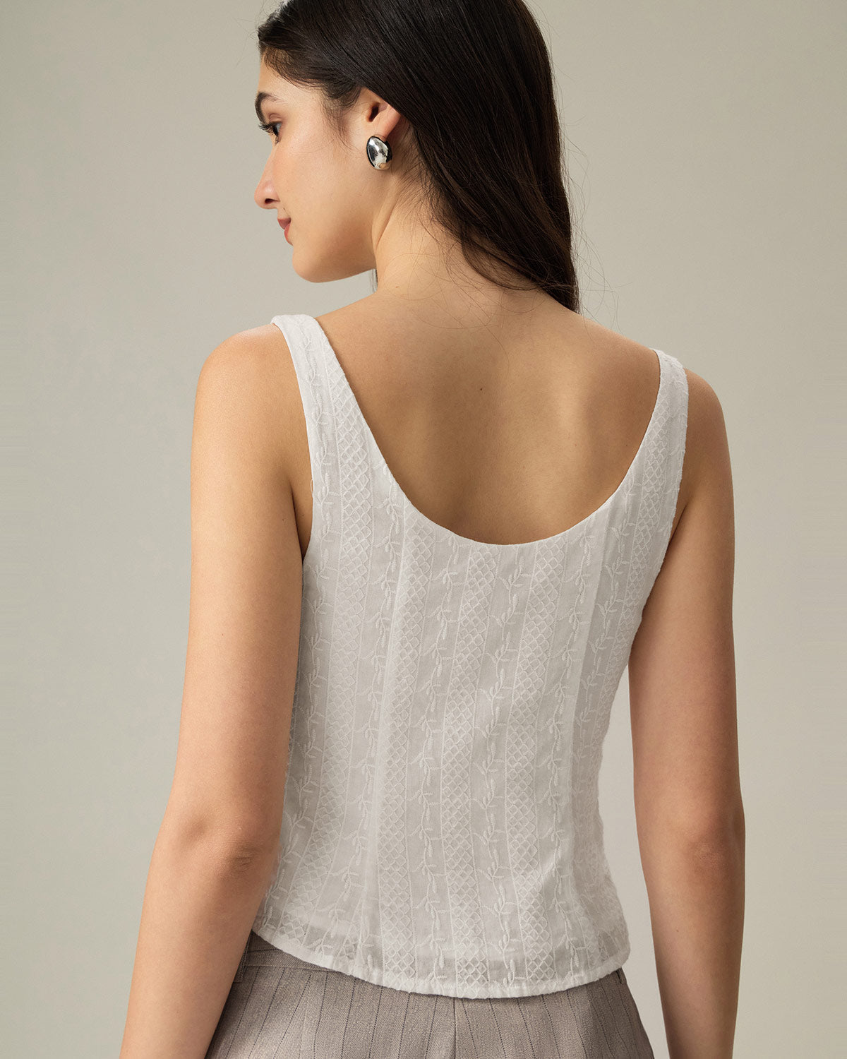 White Textured Boat Neck Button Vest