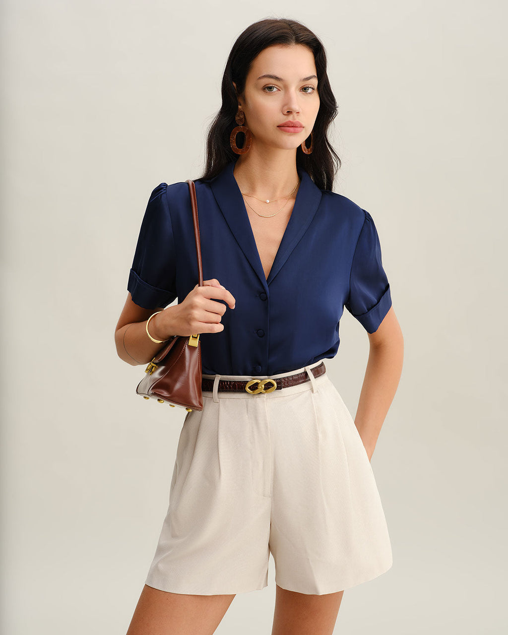 Navy Satin Button Blouse