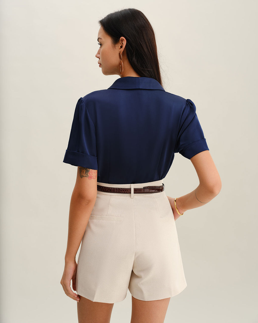 Navy Satin Button Blouse
