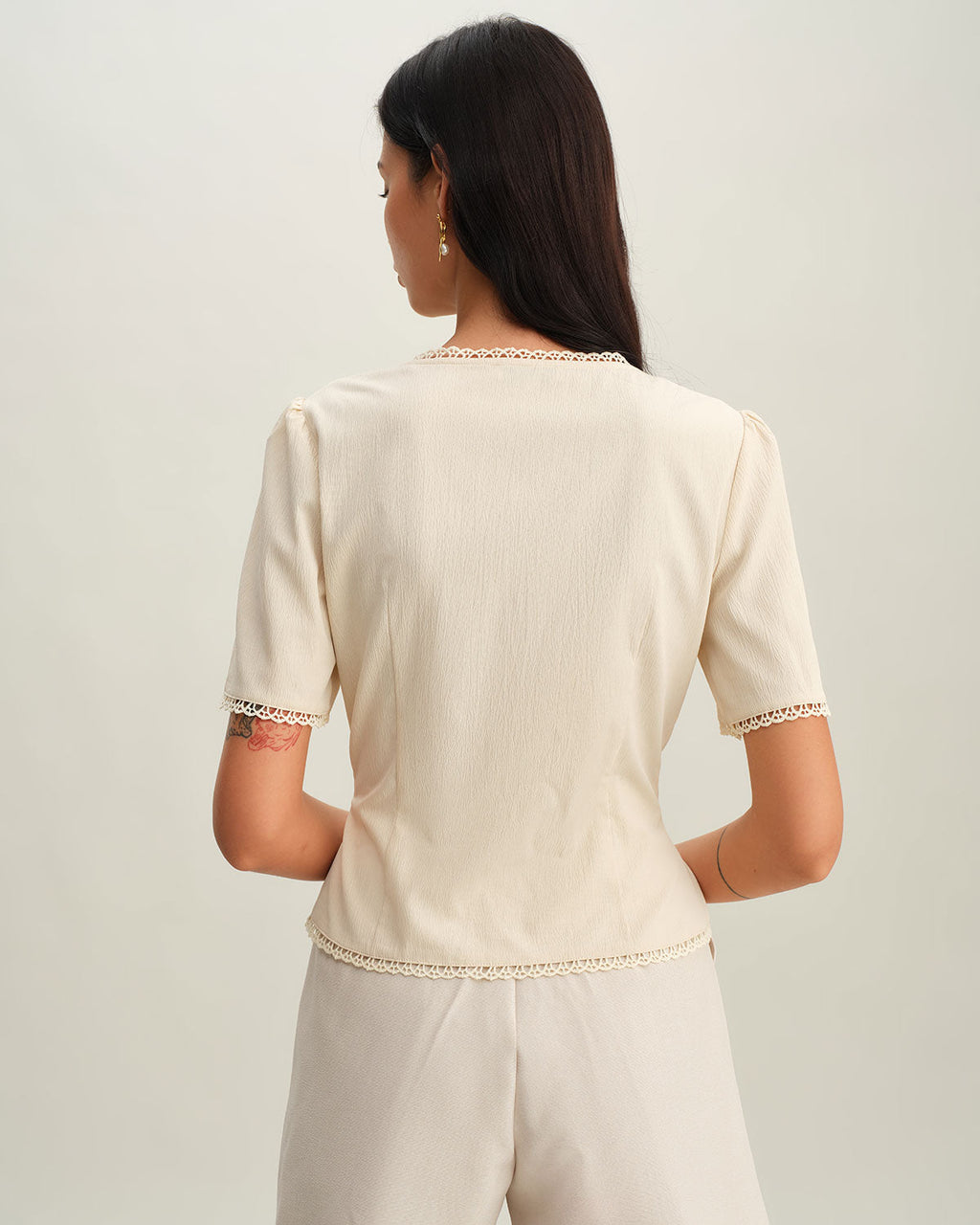 Beige V Neck Pleated Button Blouse
