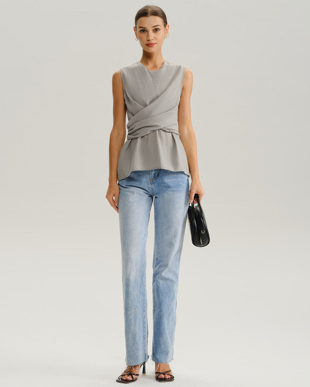Grey Round Neck Wrap Tank Top
