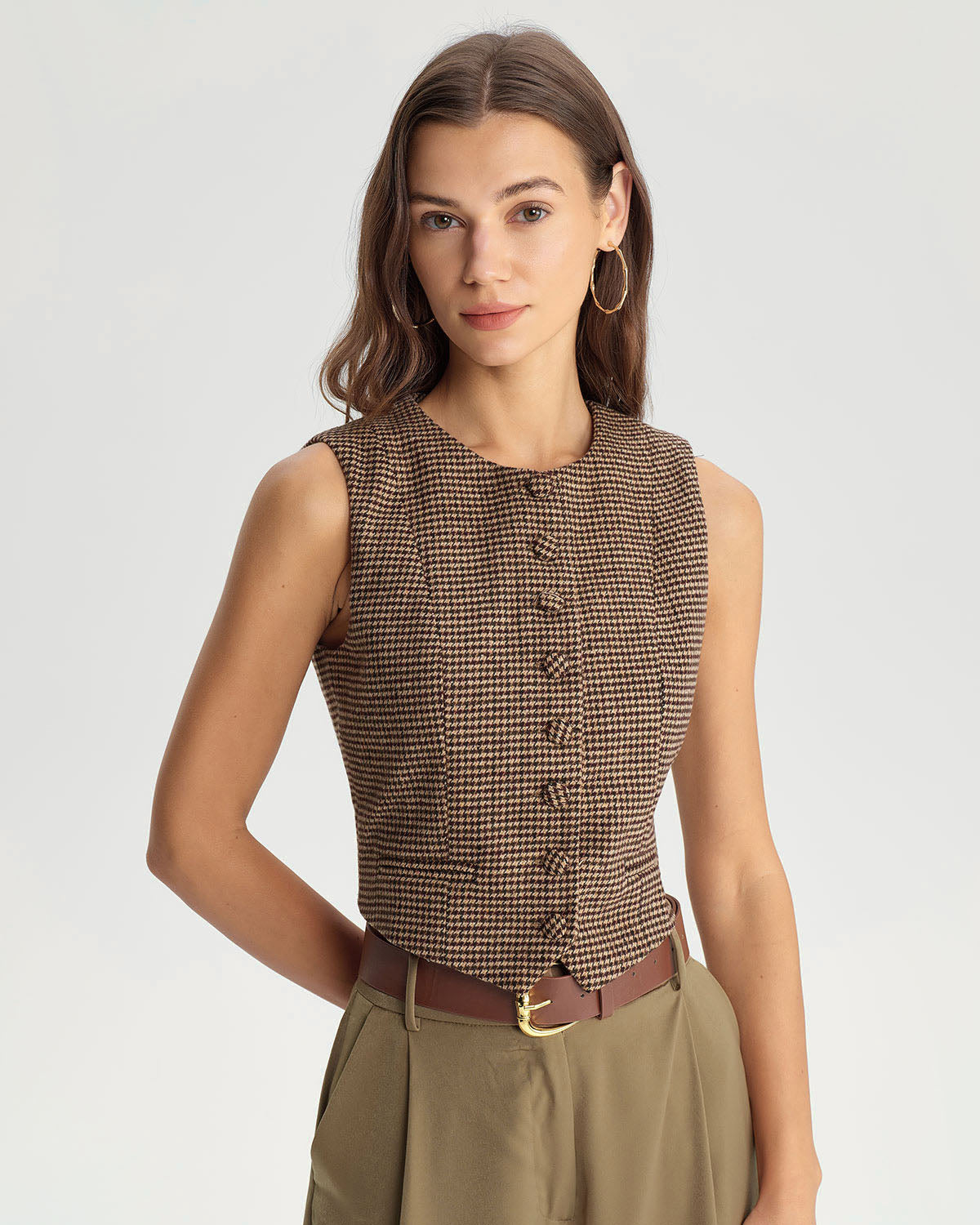 Khaki Plaid Single Breasted Vest