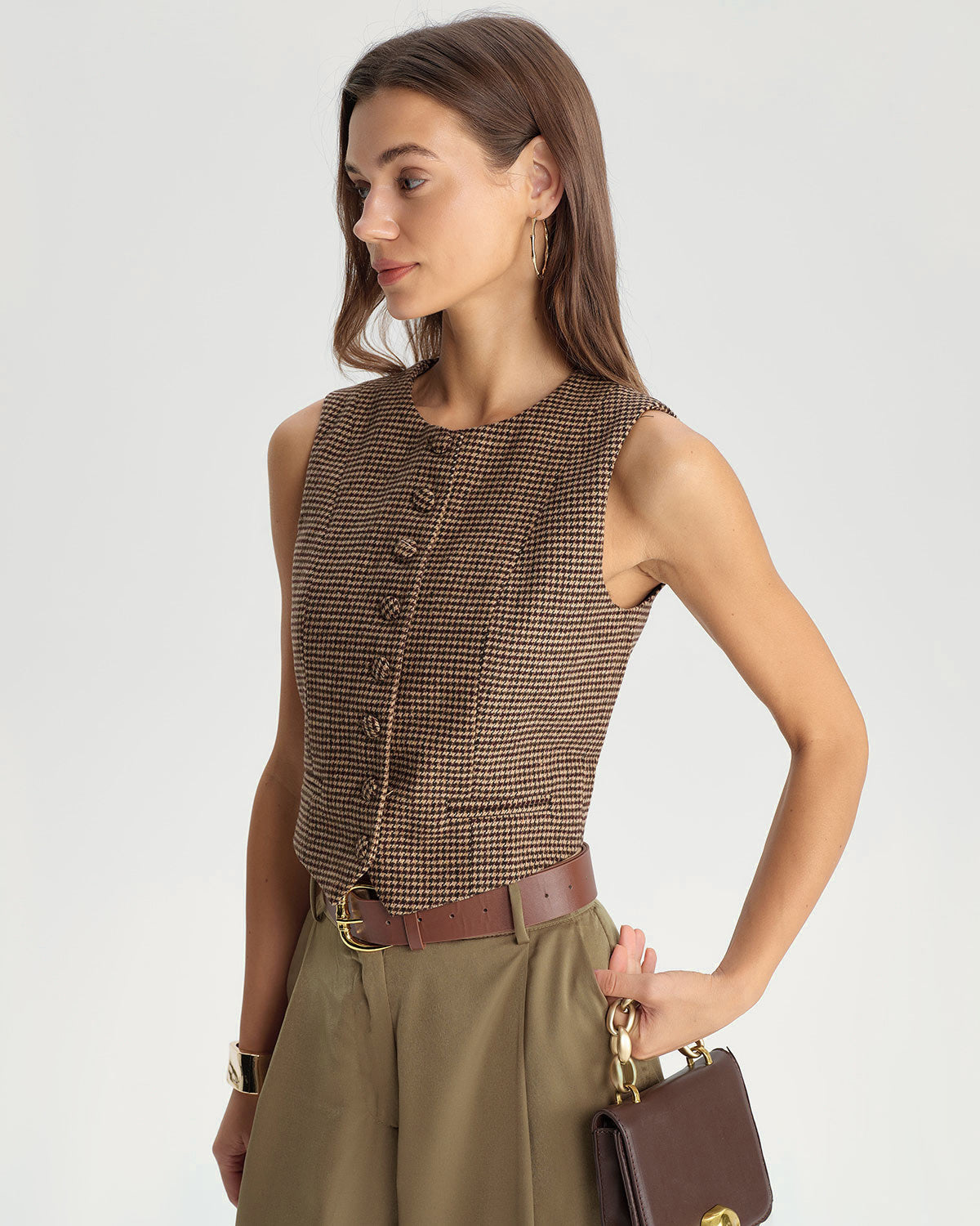 Khaki Plaid Single Breasted Vest