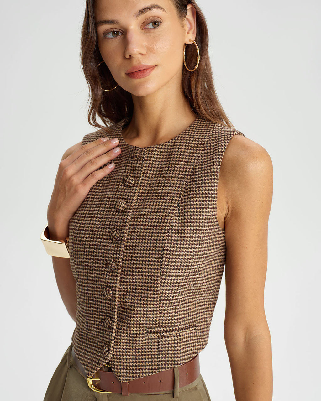 Khaki Plaid Single Breasted Vest