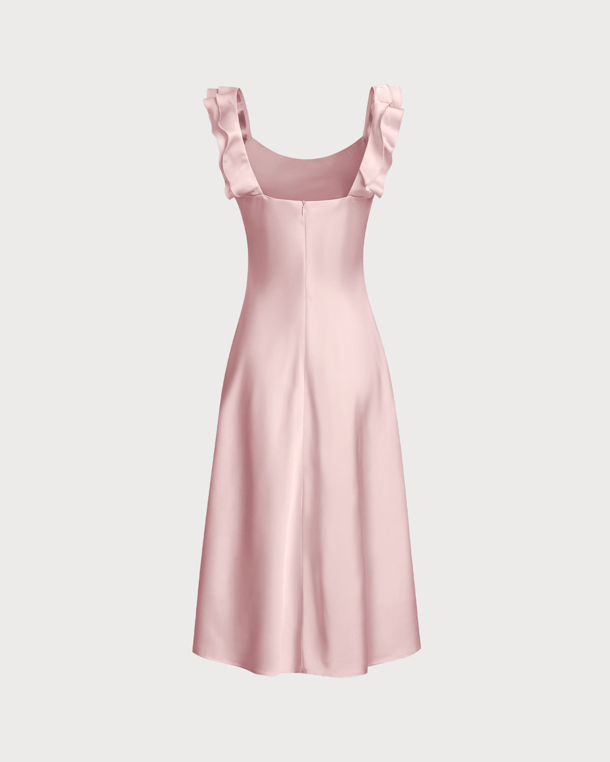 Pink Square Neck Ruffle Satin Midi Dress