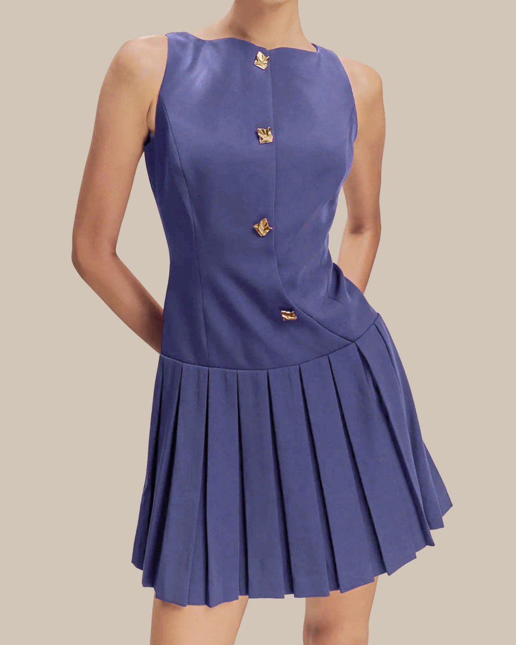 Blue Boat Neck Button Sleeveless Mini Dress