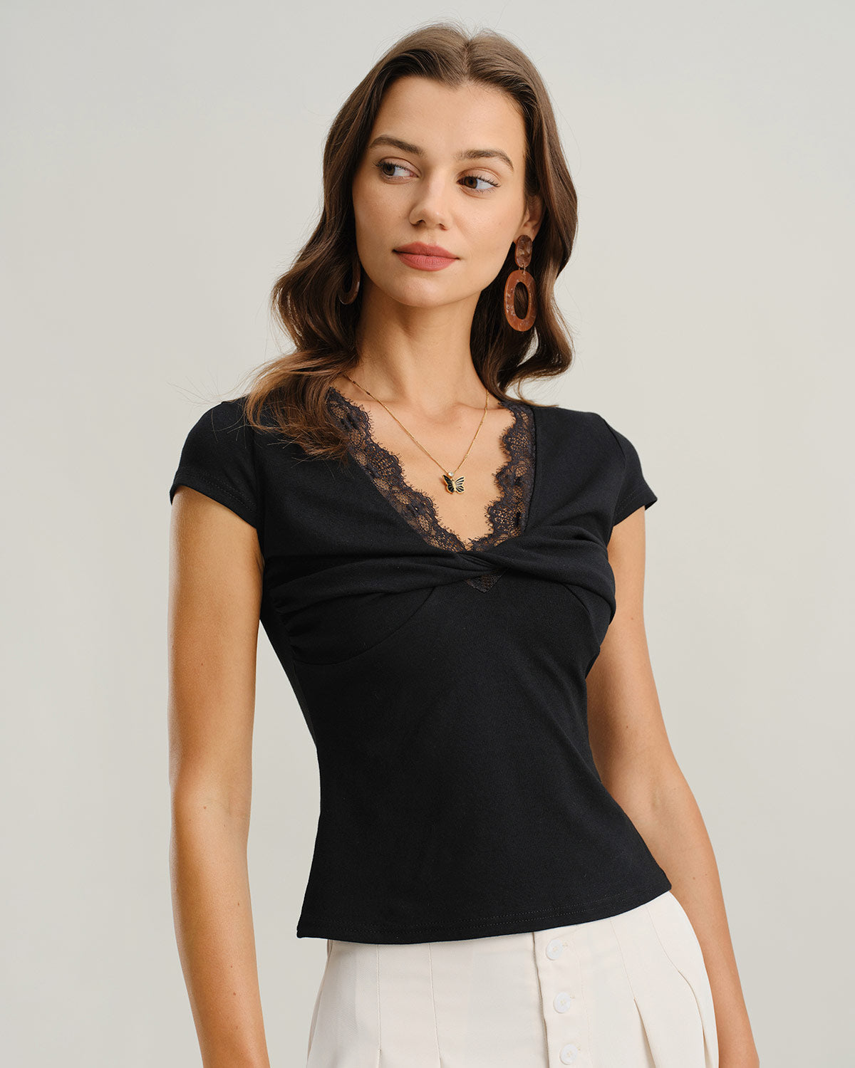 Black V Neck Twist Lace Tee
