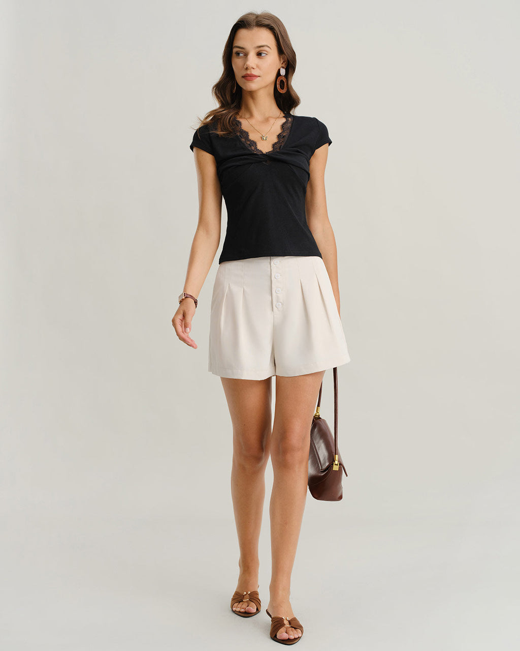 Black V Neck Twist Lace Tee