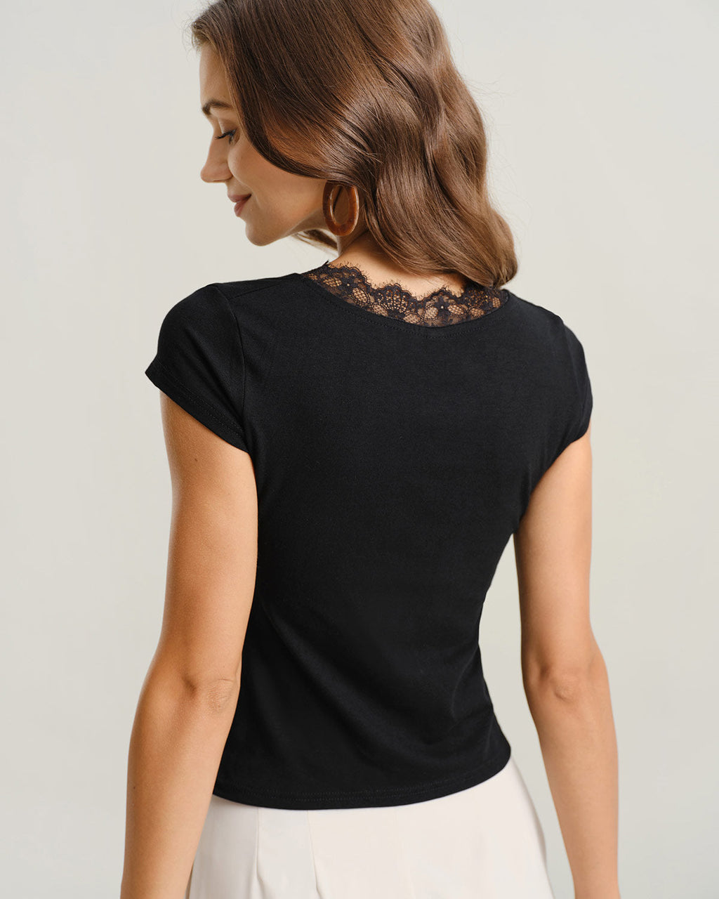 Black V Neck Twist Lace Tee