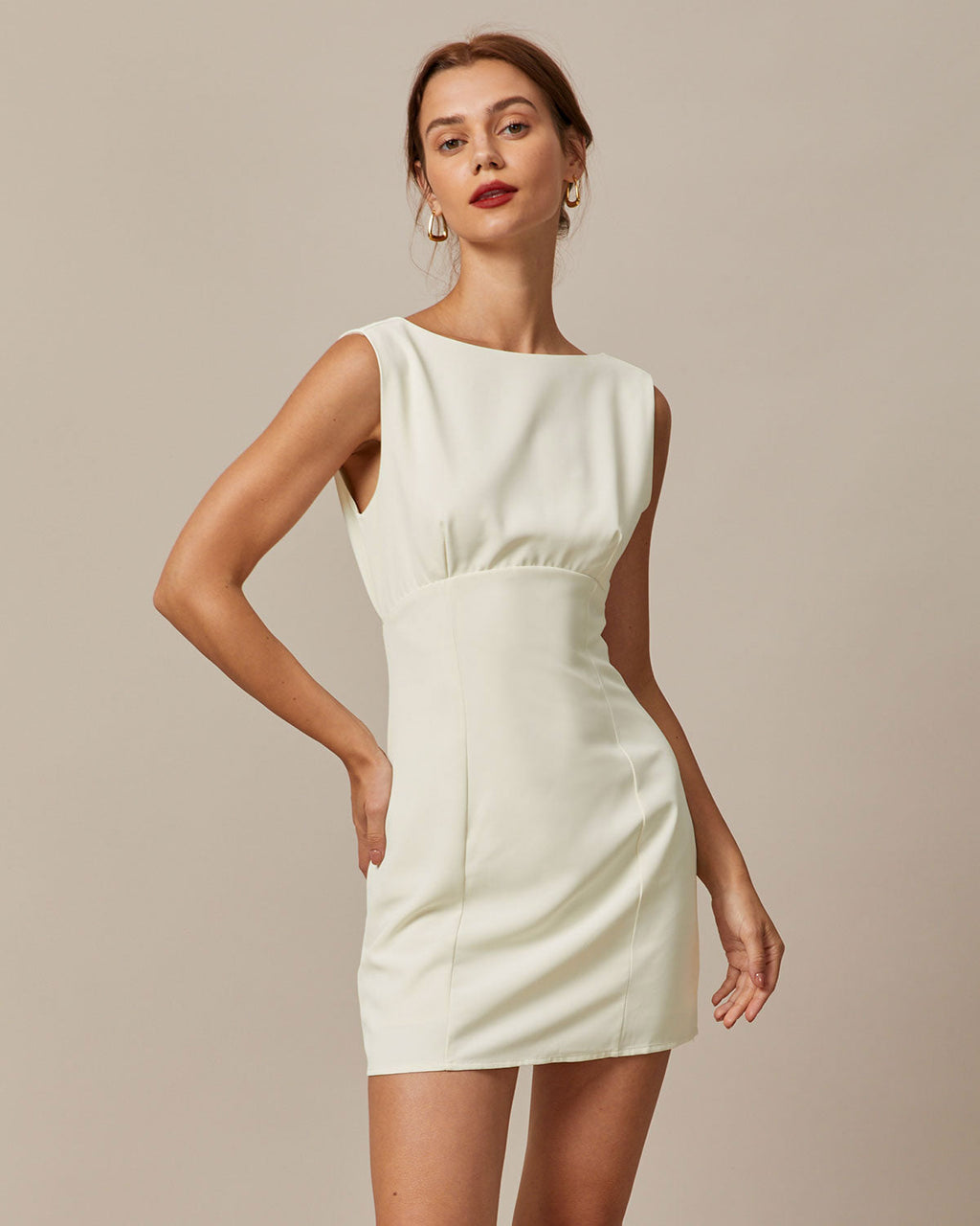 The Beige Boat Neck Back Bowknot Mini Dress