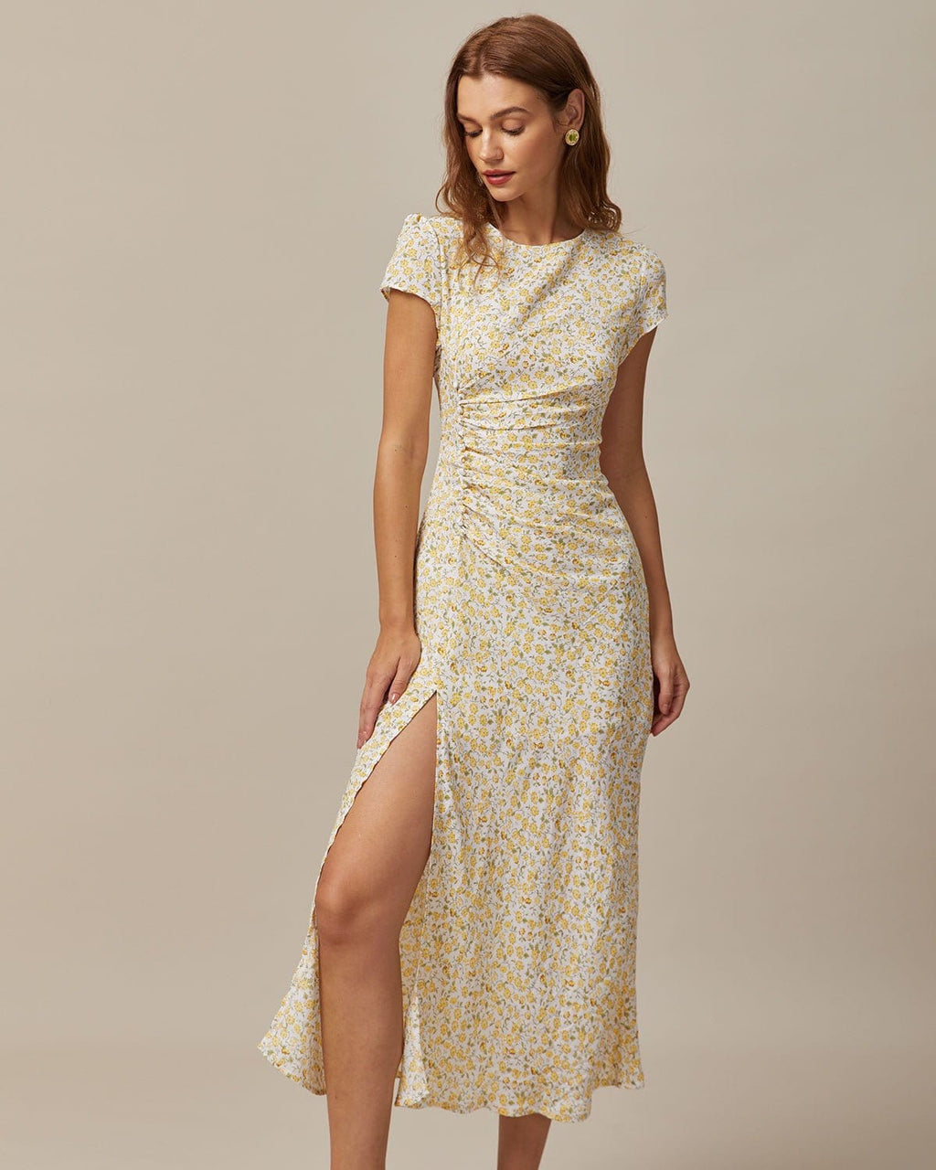 The Yellow Round Neck Floral Midi Dress