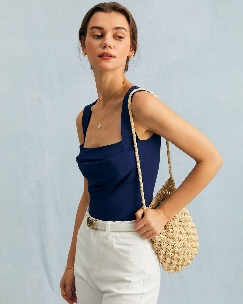 The Navy Square Neck Ruched Tank Top