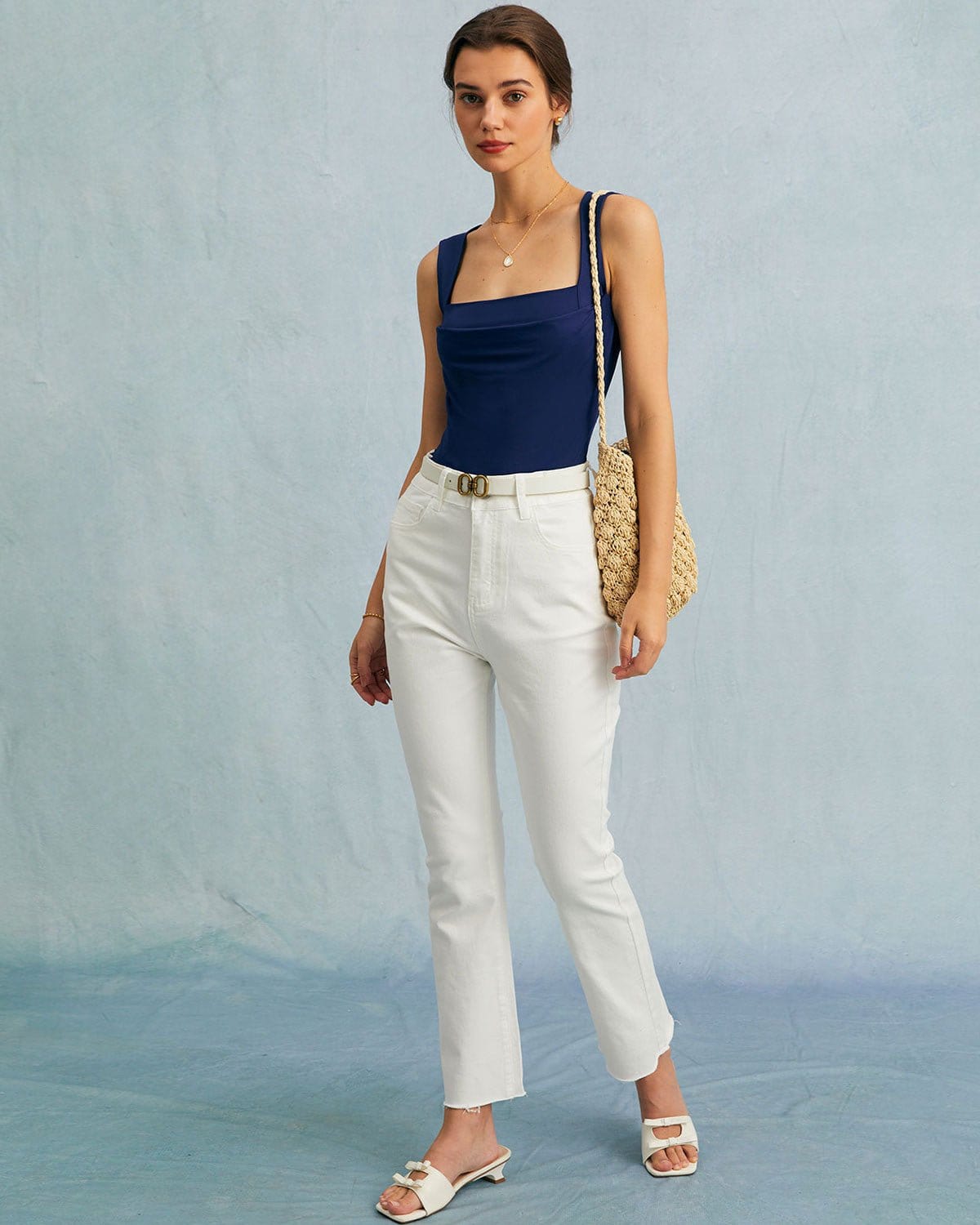 The Navy Square Neck Ruched Tank Top