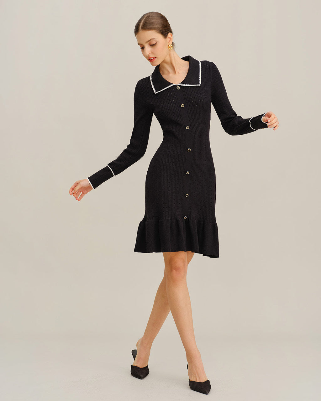 Black Contrasting Bodycon Button Sweater Dress