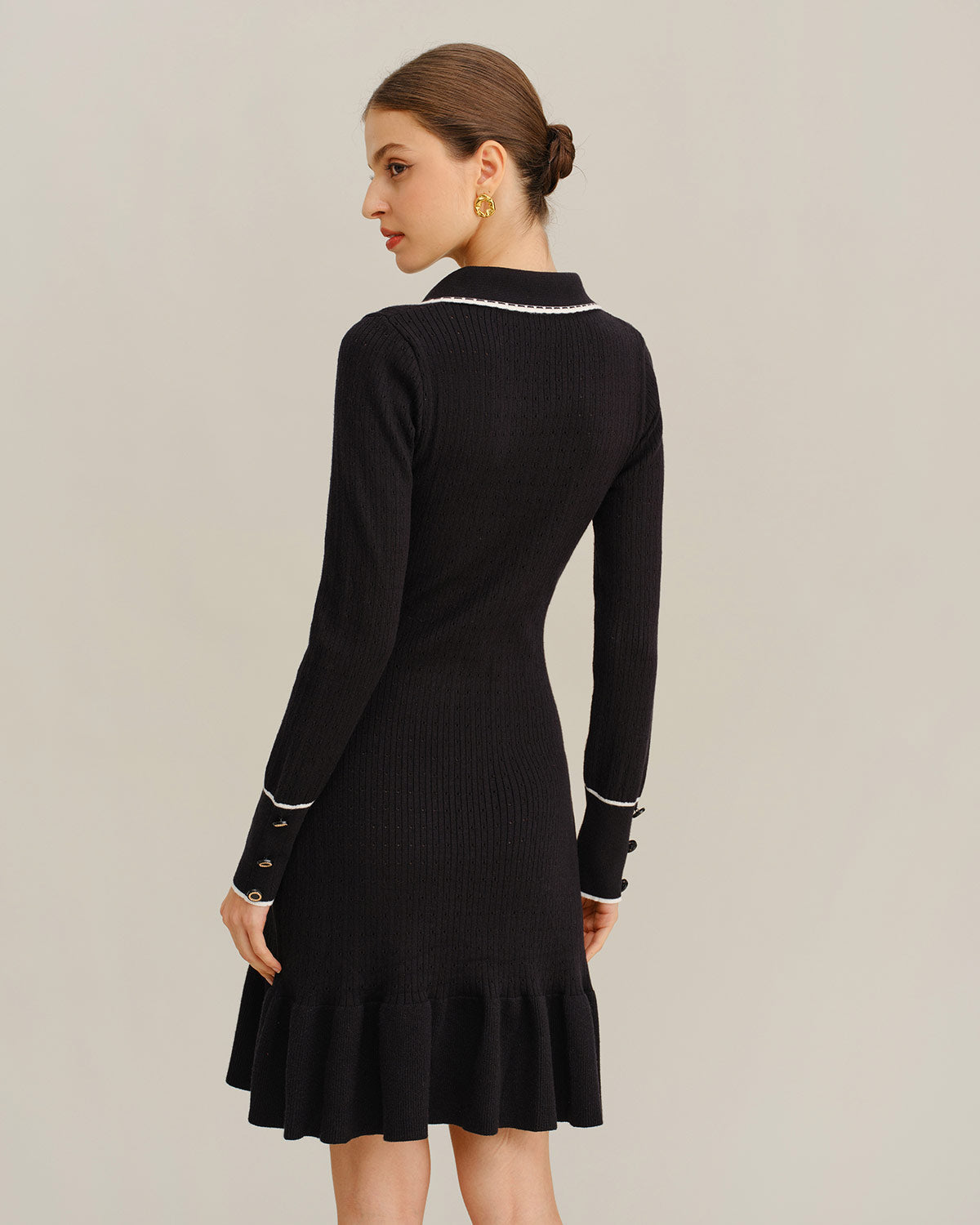Black Contrasting Bodycon Button Sweater Dress