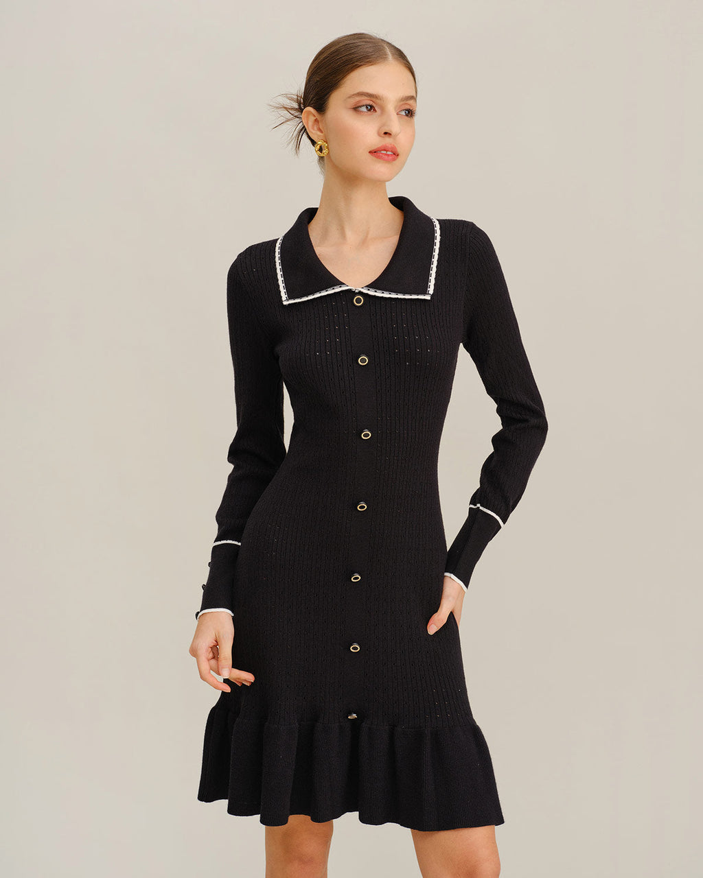 Black Contrasting Bodycon Button Sweater Dress