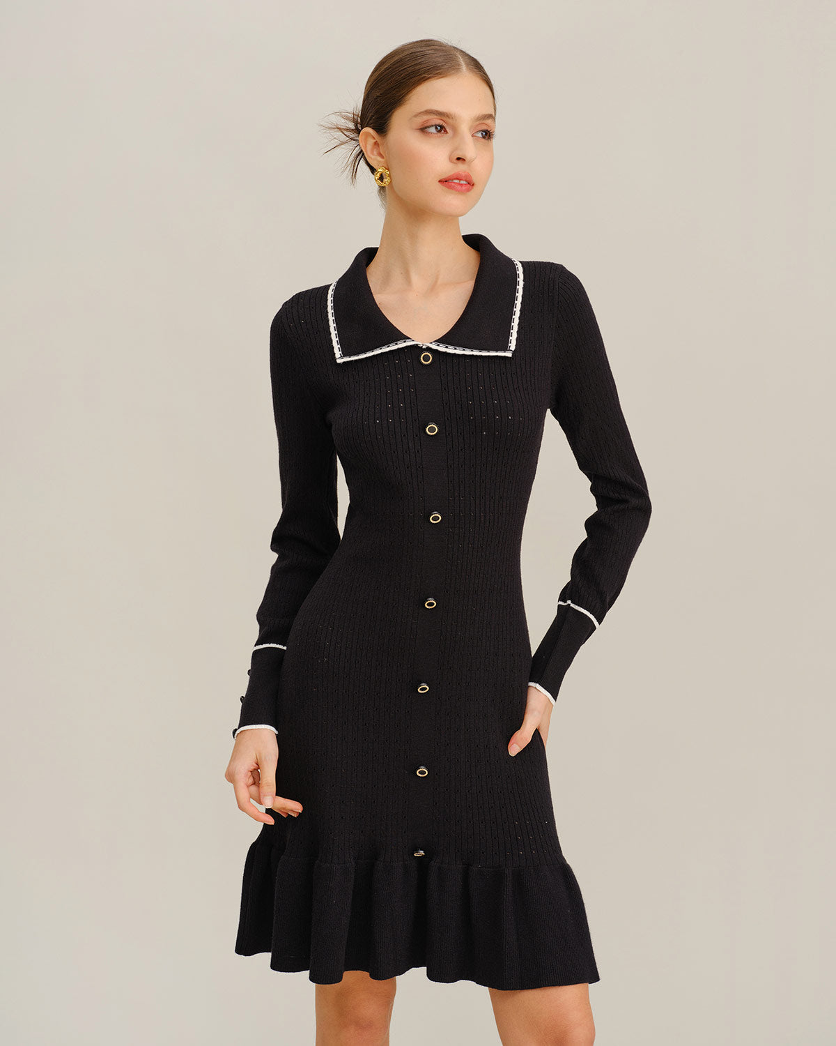 Black Contrasting Bodycon Button Sweater Dress