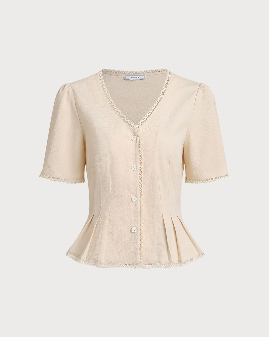 Beige V Neck Pleated Button Blouse
