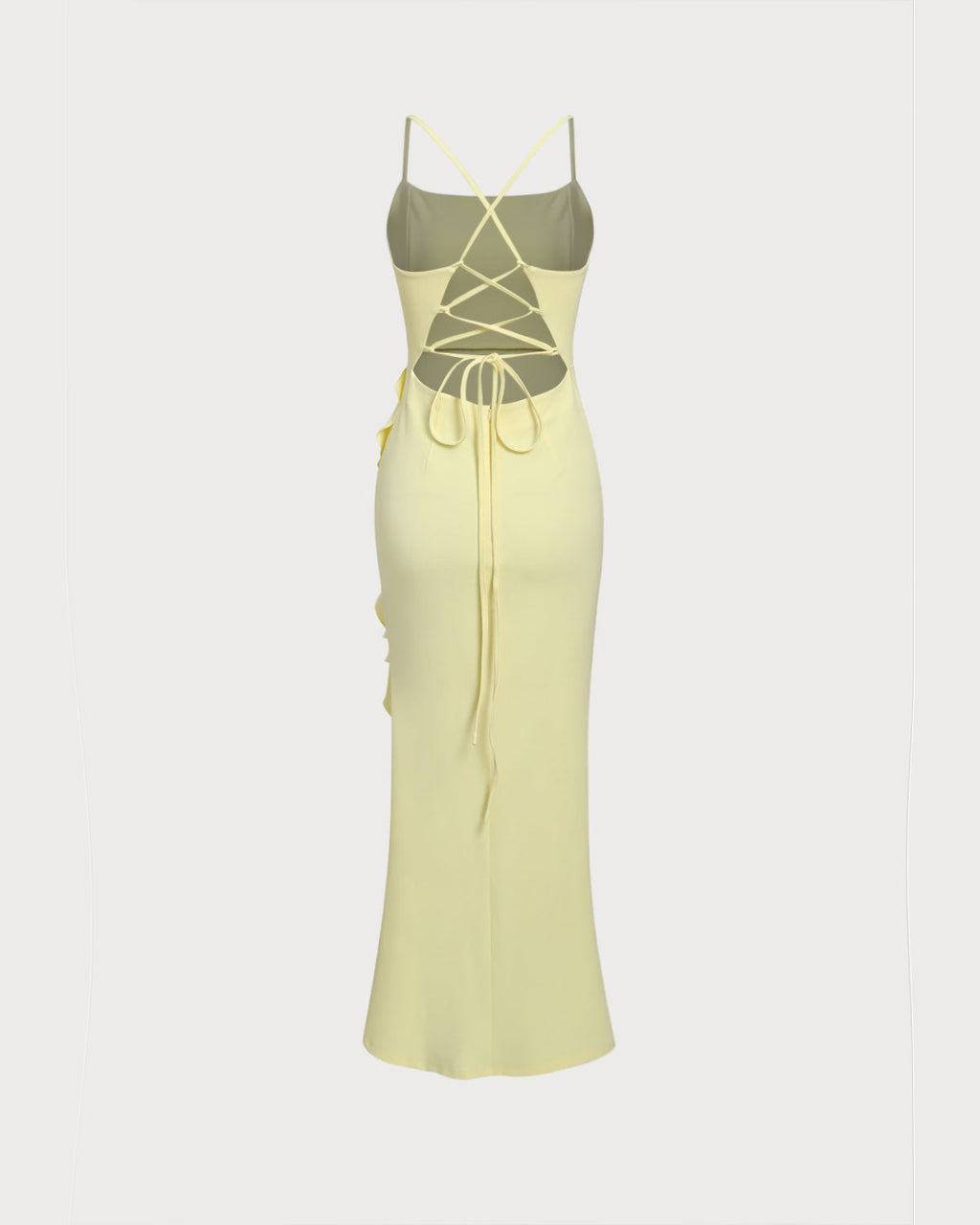 Yellow Ruffle Backless Slit Slip Maxi Dress