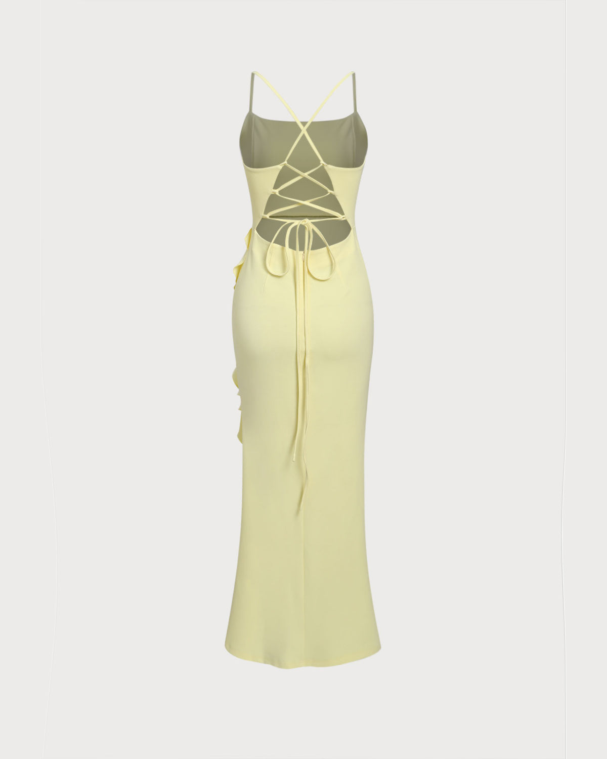 Yellow Ruffle Backless Slit Slip Maxi Dress