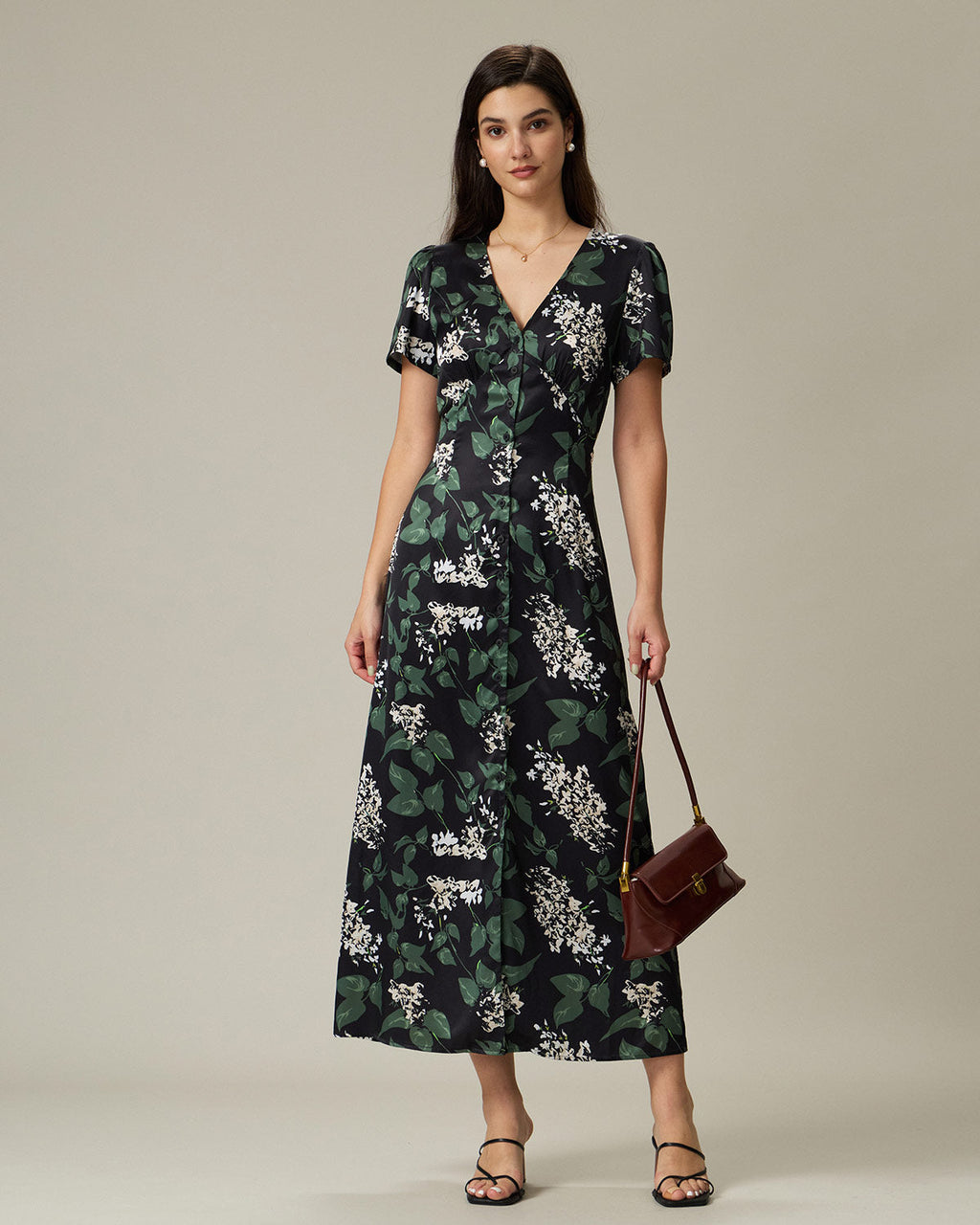 Black V Neck Floral Midi Dress