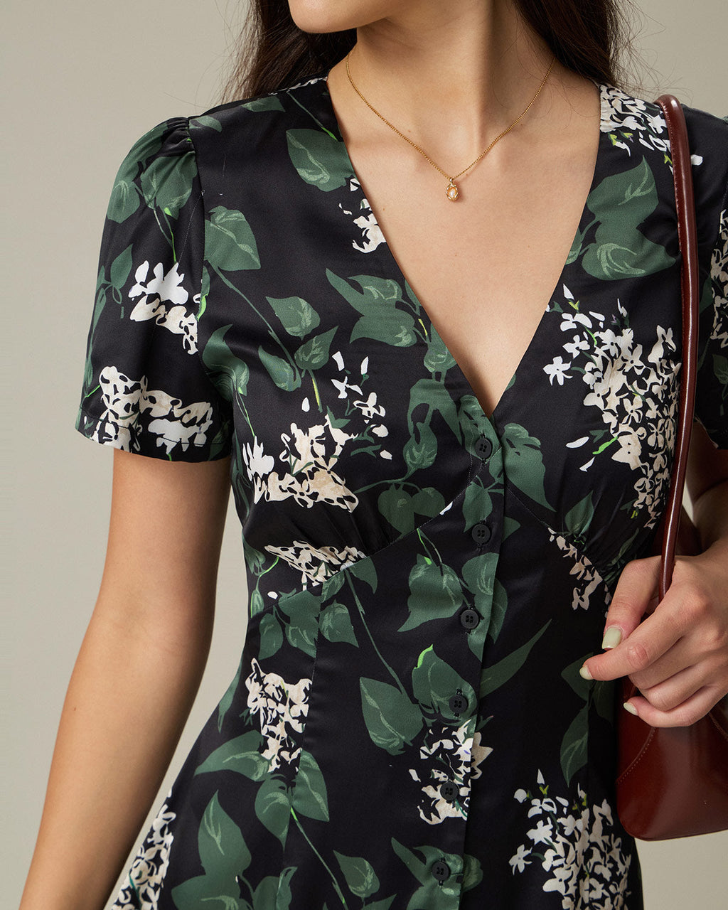 Black V Neck Floral Midi Dress