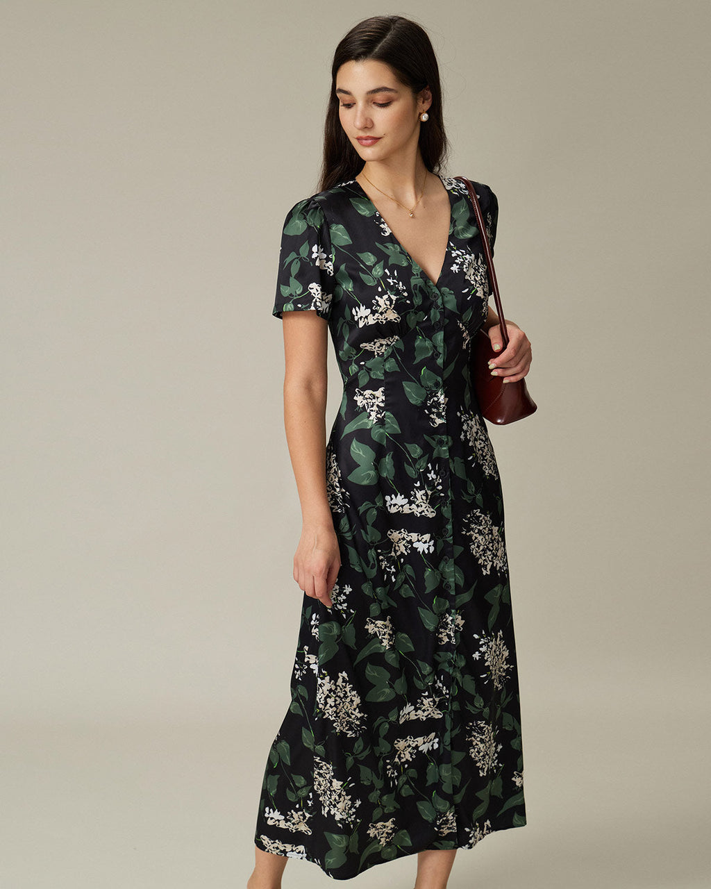 Black V Neck Floral Midi Dress