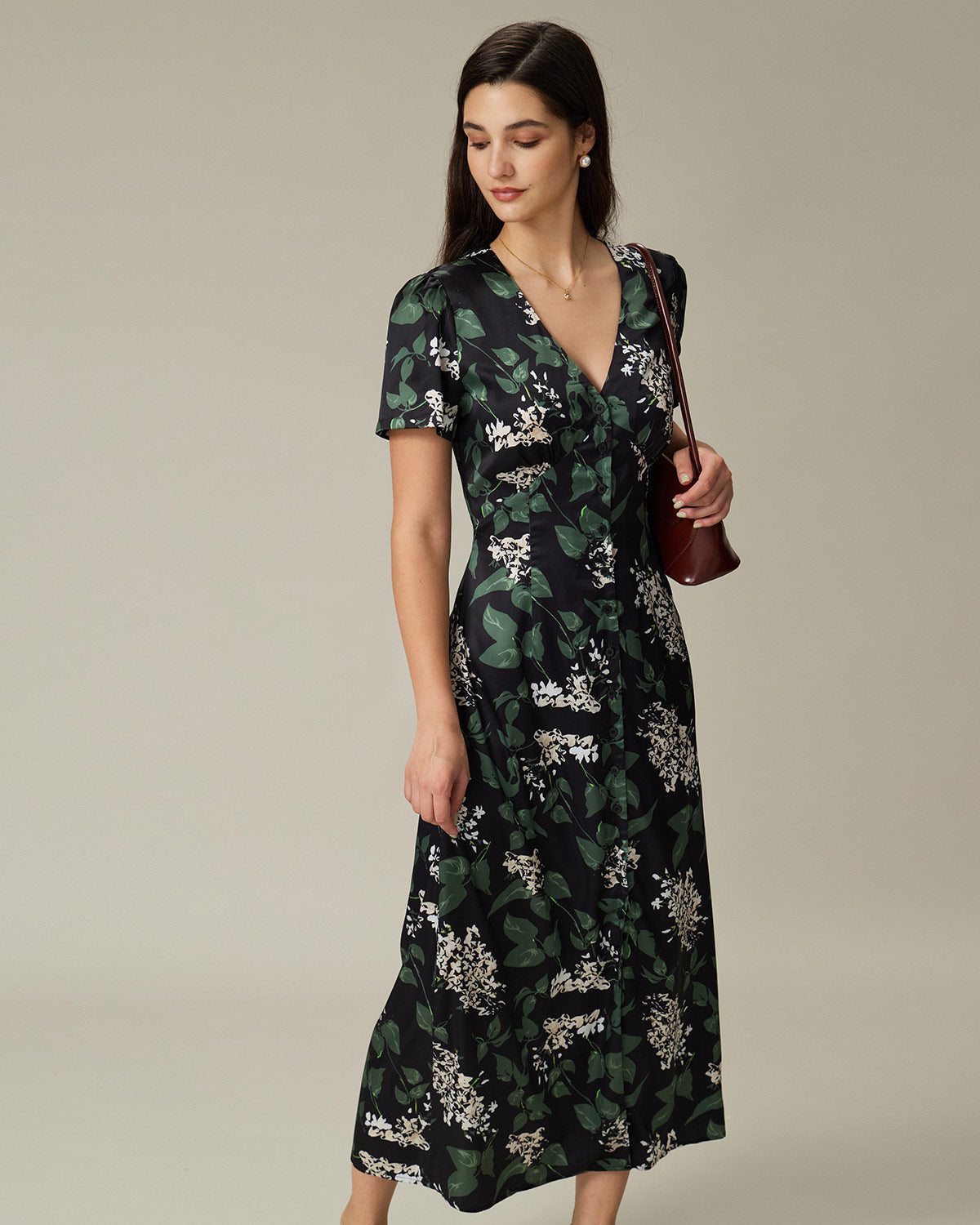 Black V Neck Floral Midi Dress