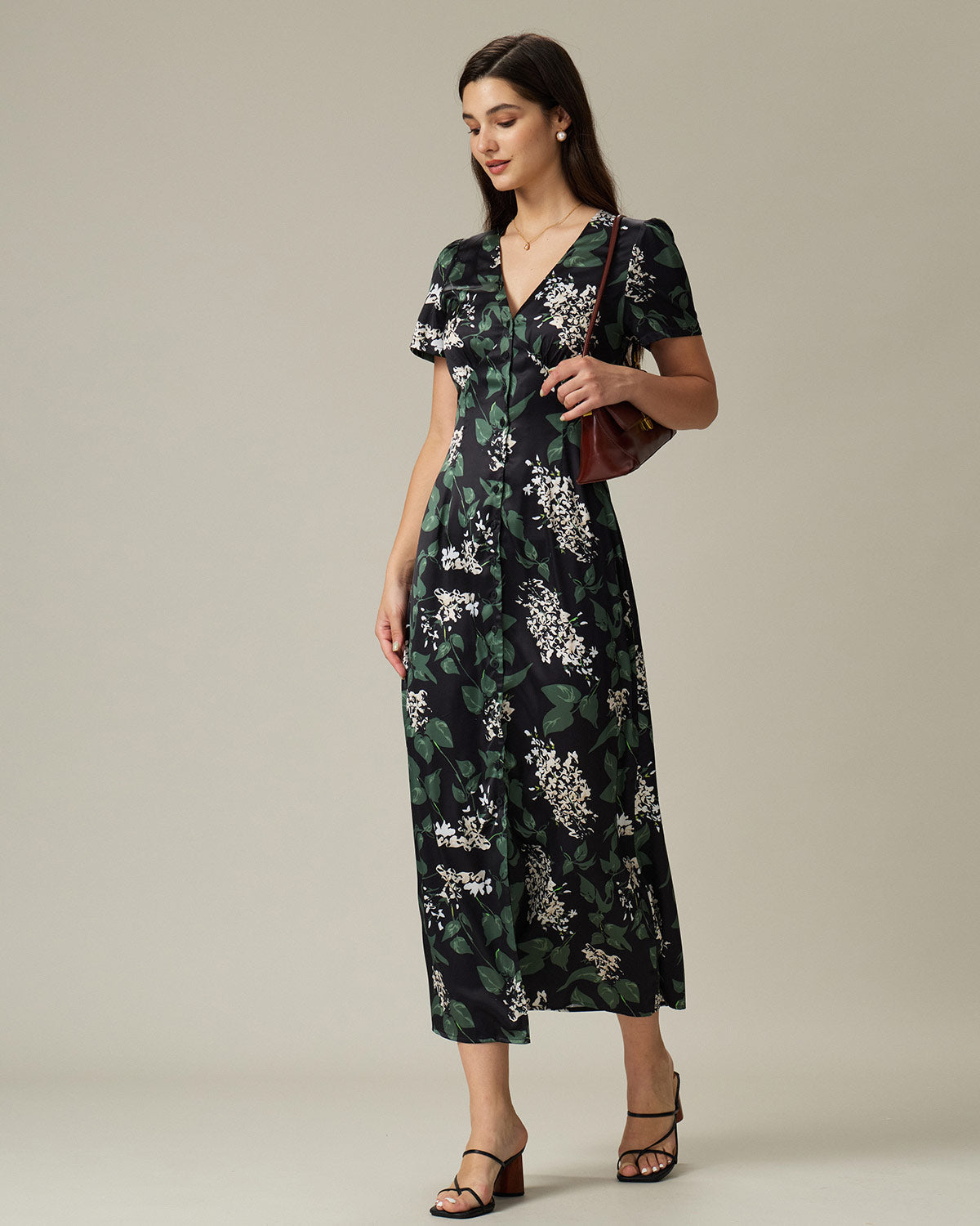 Black V Neck Floral Midi Dress