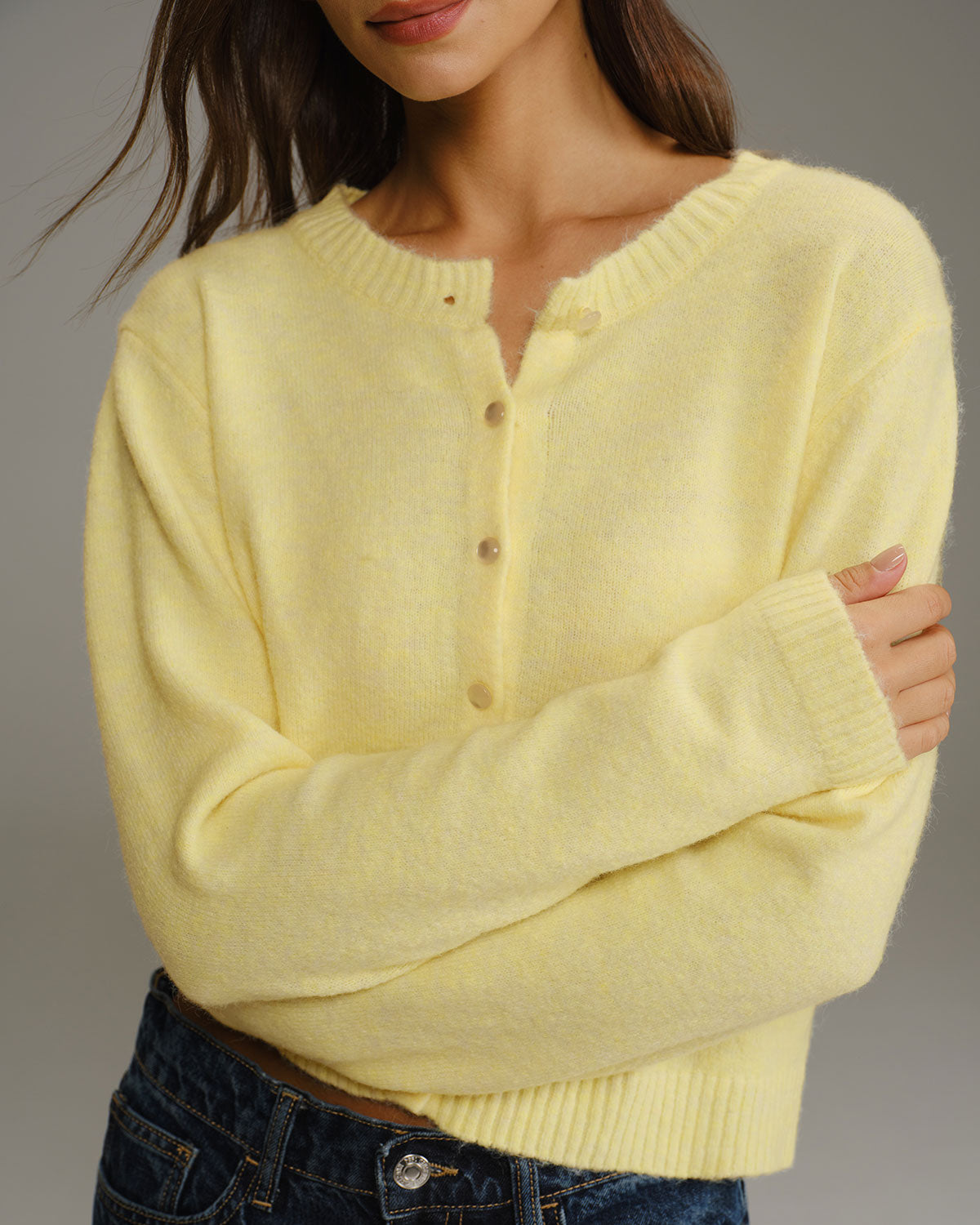Yellow Round Neck Knit Cardigan