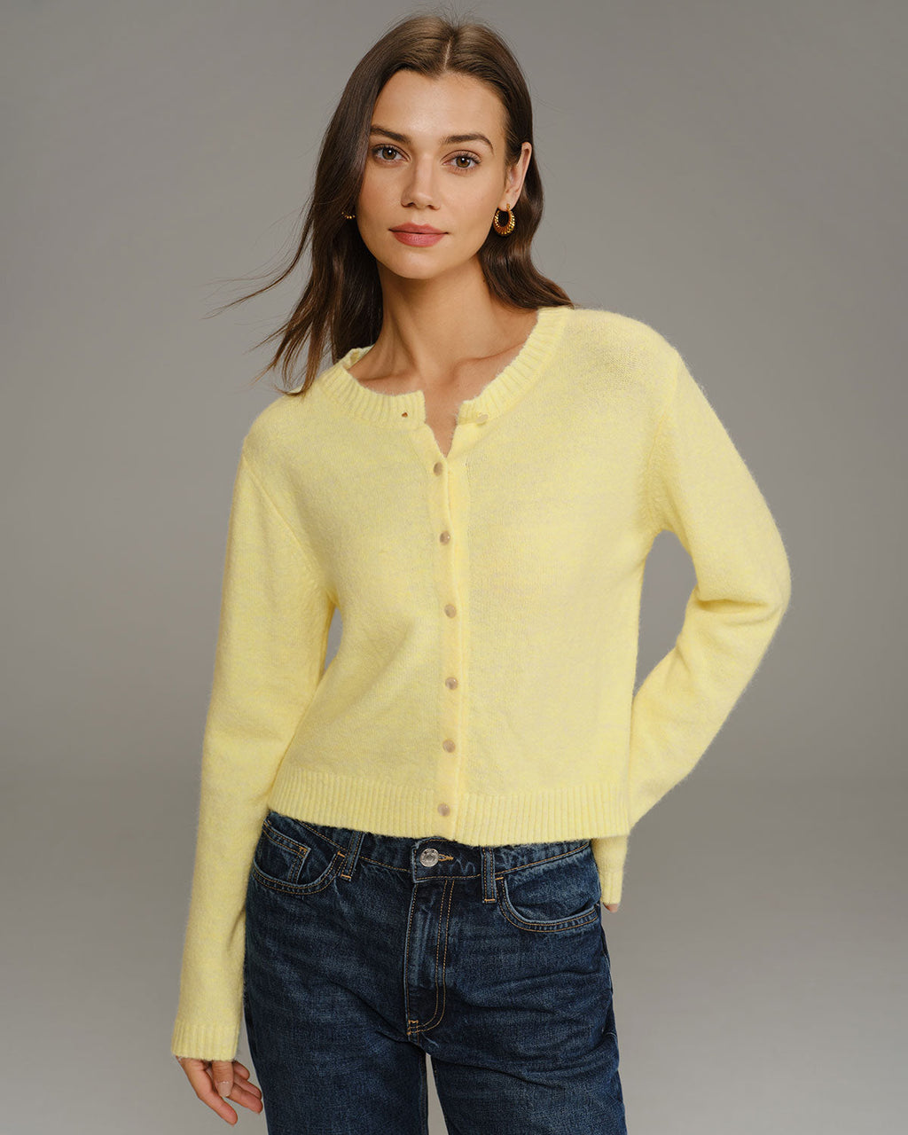 Yellow Round Neck Knit Cardigan