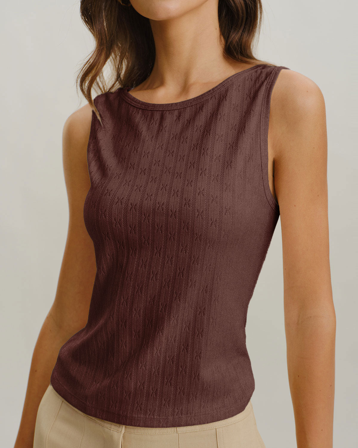 Coffee Boat Neck Ribbed Knit Tank Top