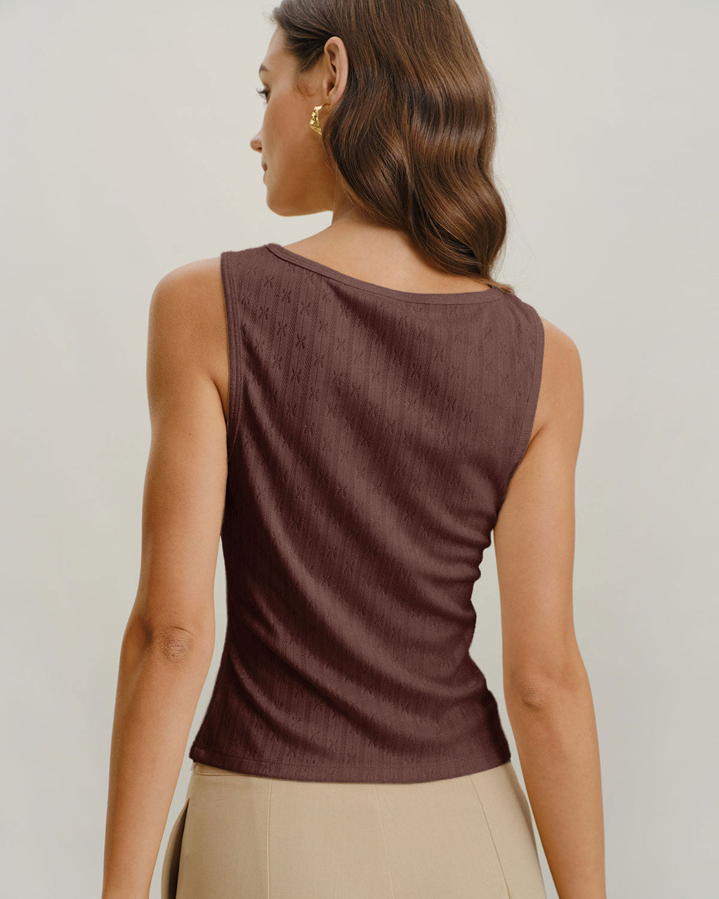 Coffee Boat Neck Ribbed Knit Tank Top