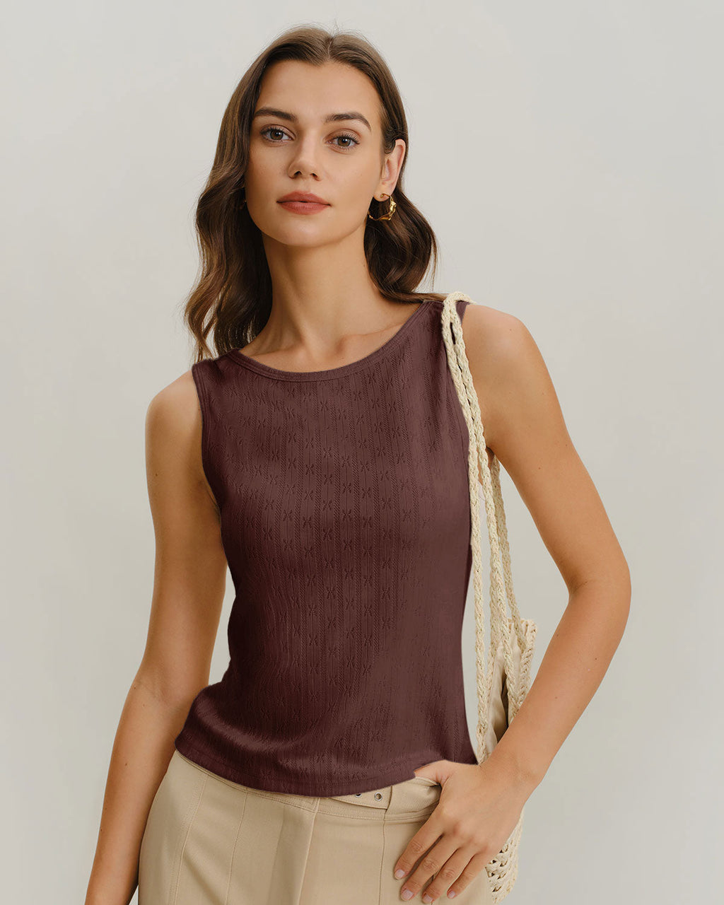 Coffee Boat Neck Ribbed Knit Tank Top