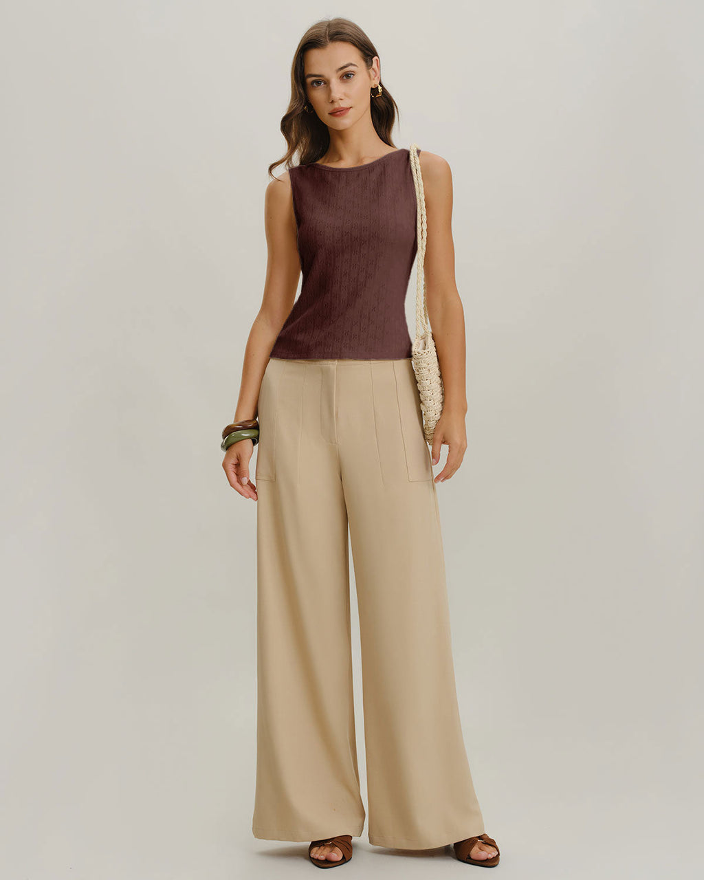 Coffee Boat Neck Ribbed Knit Tank Top