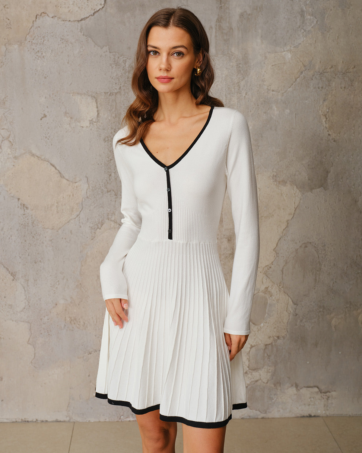 White Contrasting A-Line Sweater Dress