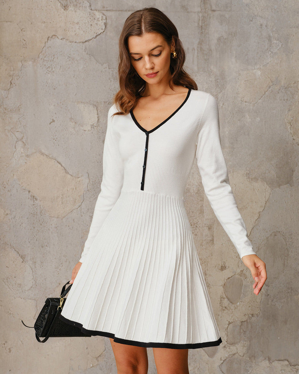 White Contrasting A-Line Sweater Dress