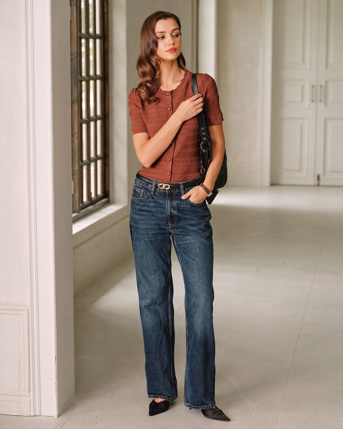 Red Puffed Sleeve Knit Cardigan